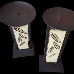 🍂 2 Leaf Impressed Ceramic Hanging Insert Metal Candle Holders Rare HTF EUC